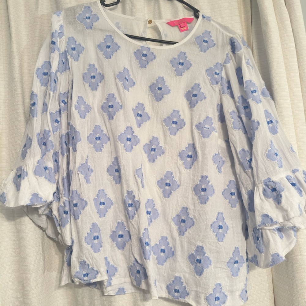 Lilly Pulitzer White Blue Ruffled Blouse